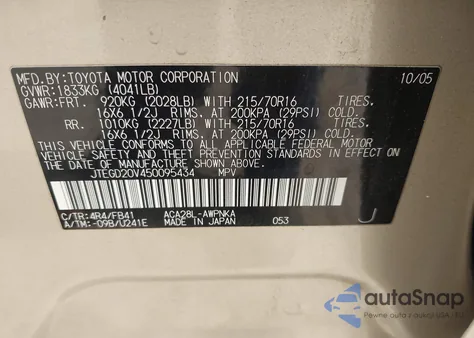 2005 Toyota Rav4 из США, поврежденный, VIN JTEGD20V450095434